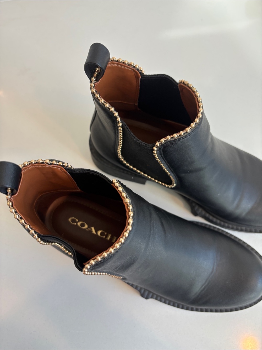 Coach Black Leather Ankle Boots with Gold Beaded Trim